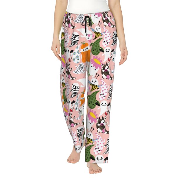 Balery Cartoon Halloween Pantalones de pijama para mujer, pijamas ultraligeros, pantalones de estar por casa-X-Large