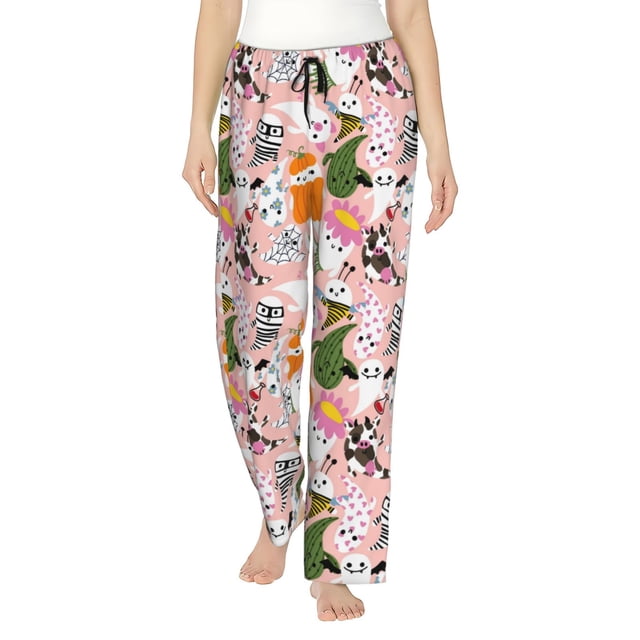 balery cartoon halloween pantalones de pijama para mujer, pijamas ultraligeros, pantalones de estar por casa-medium — pantalones rectos rosa con estampado Halloween de fantasmas, calabazas, momias y flores, cinturilla elástica con cordón negro, bolsillos laterales y caída hasta el tobillo; tejido ligero, pensados para descansar en casa y a menudo usados también para relajarse en viajes cortos.