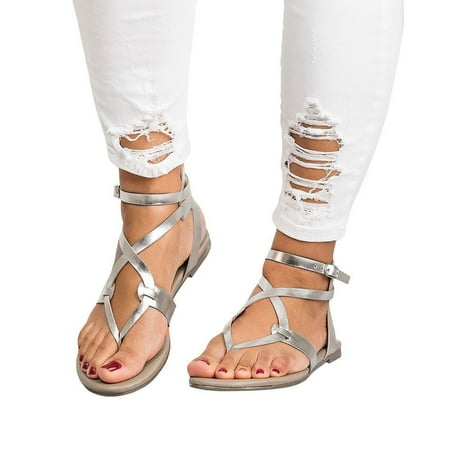 

JNGSA Summer Women Ladies Sandals Cross Strap Flat Ankle Roman Cusual Shoes