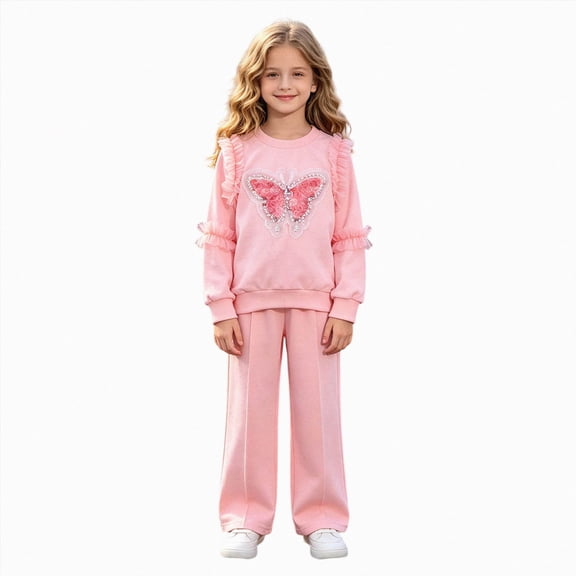 yboeqw 2 Piece Clothes for Kids Girls Outfits Long Sleeve Ruffle Sweatshirt Trousers Set Fall Winter Clothing for Girls,Size 5-6 Years