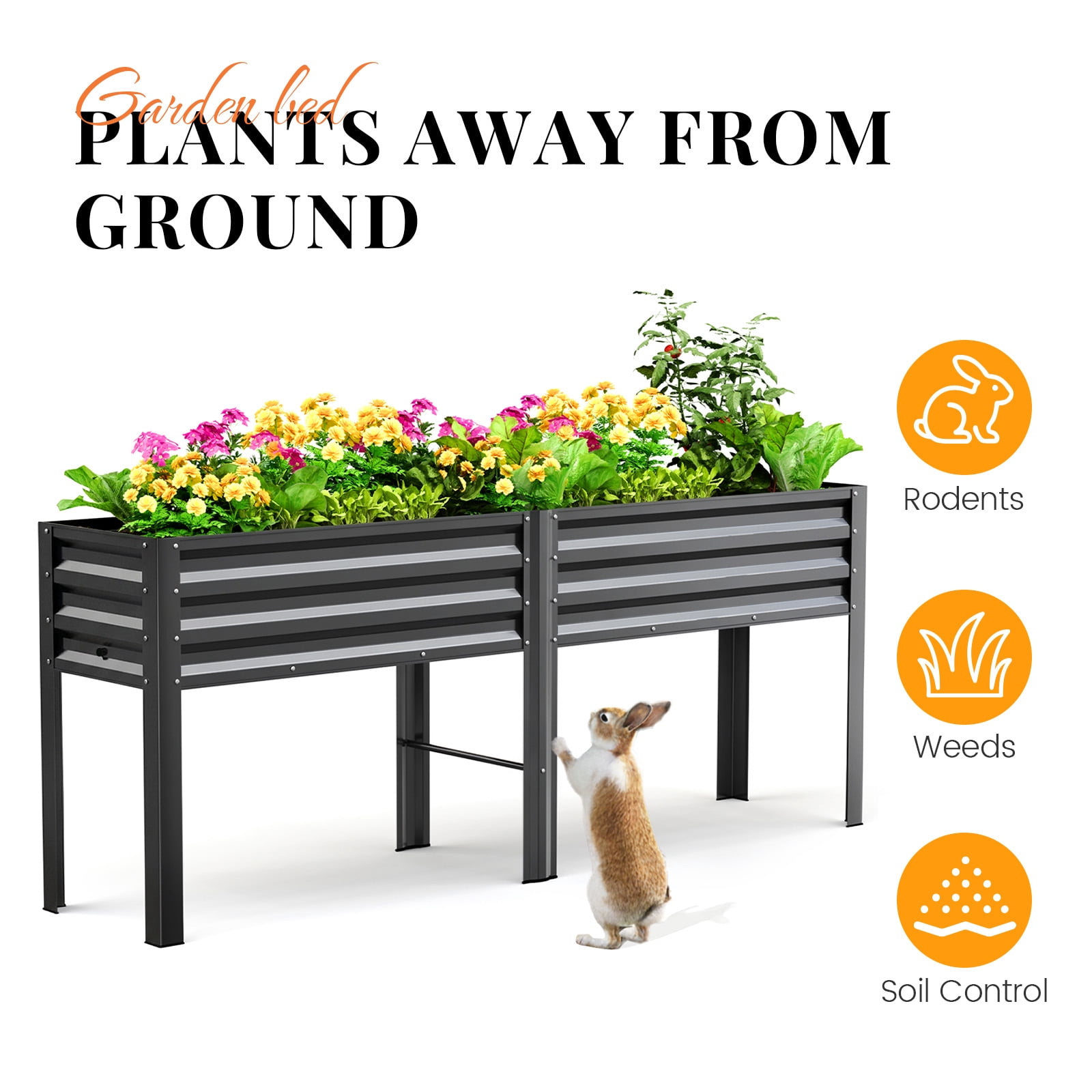 King Bird Galvanized Steel Raised Garden Bed Kit, 80"x17"x31.5" Metal Planter Box with Self-Watering Basin Cells, Tall Elevated Garden Bed for Vegetables & Flowers Deep Gray