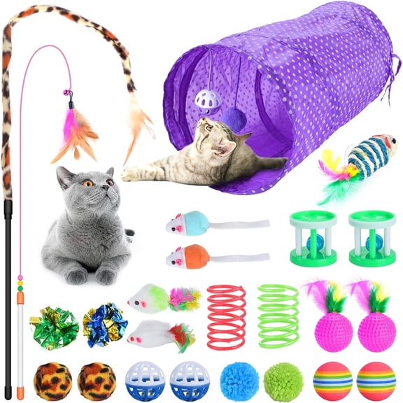 Oziral 24PCS Cat Toys, Cats Kitten Interactive Toys for Indoor, Cat Tunnel, Cat Wand Feather Teaser Spring Toy Set, Mice Bells Balls