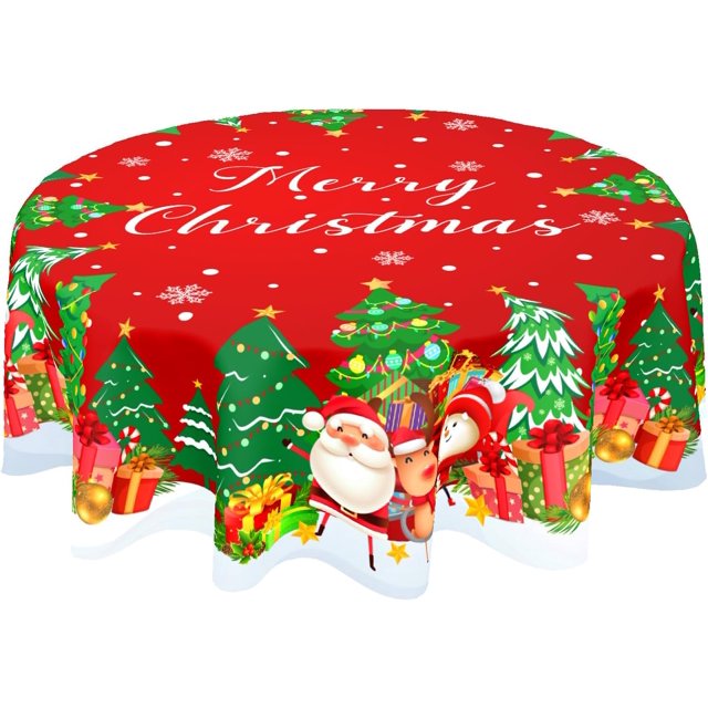 Christmas Tablecloth Round 60 Inch Xmas Tree Snowflake Table Cloths Circle Red Table Cover Washable Wipeable Polyester Tabletop for Dining Kitchen Picnic Party Decor