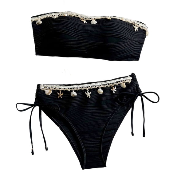 UTSJKR Women's Strapless Bandeau Bikini Set, Solid Color 2 Piece Bathing Suit with Removable Chest Pad, Casual Swimwear for Summer Beach Party Black L