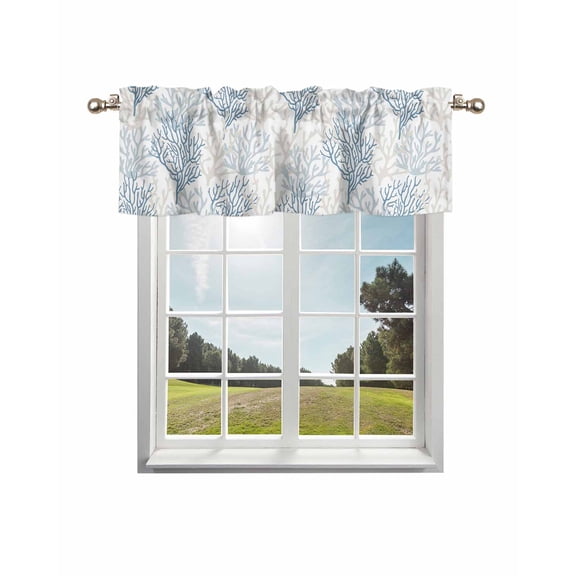 Blue Grey Coral Coastal Kitchen Curtain Valances for Windows Farmhouse Short Curtains, Summer Beach Seaside Nautical Rod Pocket Valance Curtain for Bedroom Cafe Living Room 60"x14"