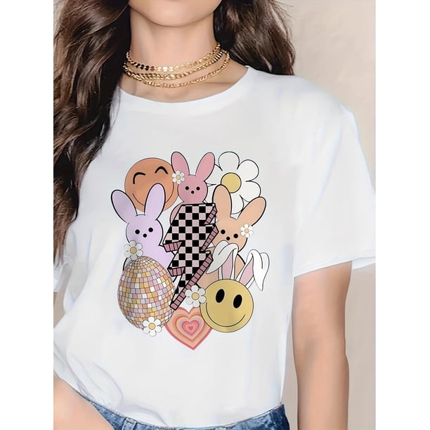 Camiseta estampada de conejo de Pascua para mujer: cuello redondo informal, manga corta, para primavera y verano, algodón transpirable, estampada, ideal para adultos, hombres, mujeres, adolescentes, j