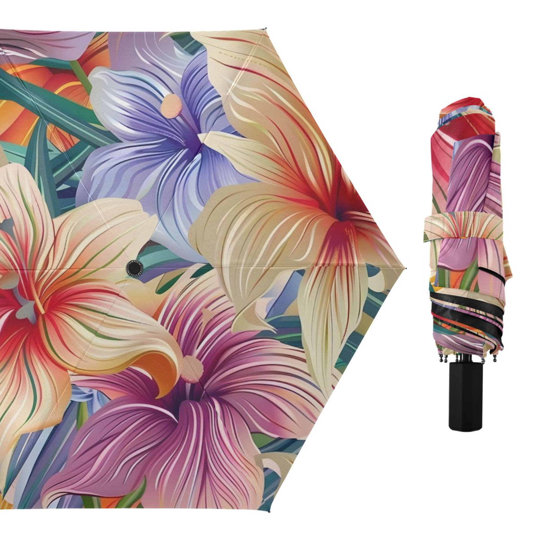 ALAZA Beautiful Lily Flowers UPF 50+ Compact Folding Umbrella for Rain Travel Umbrella Packable