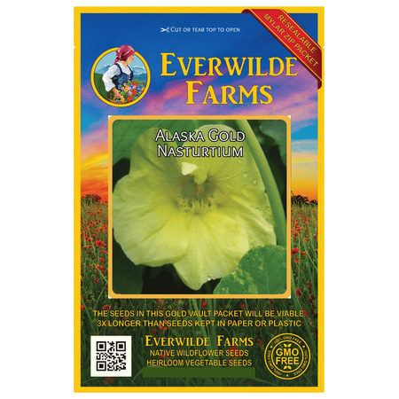 Nasturtium Seed Packet Everwilde Farms - 25 Alaska Gold Nasturtium Garden Flower Seeds - Gold Vault Jumbo Bulk Seed Packet ()
