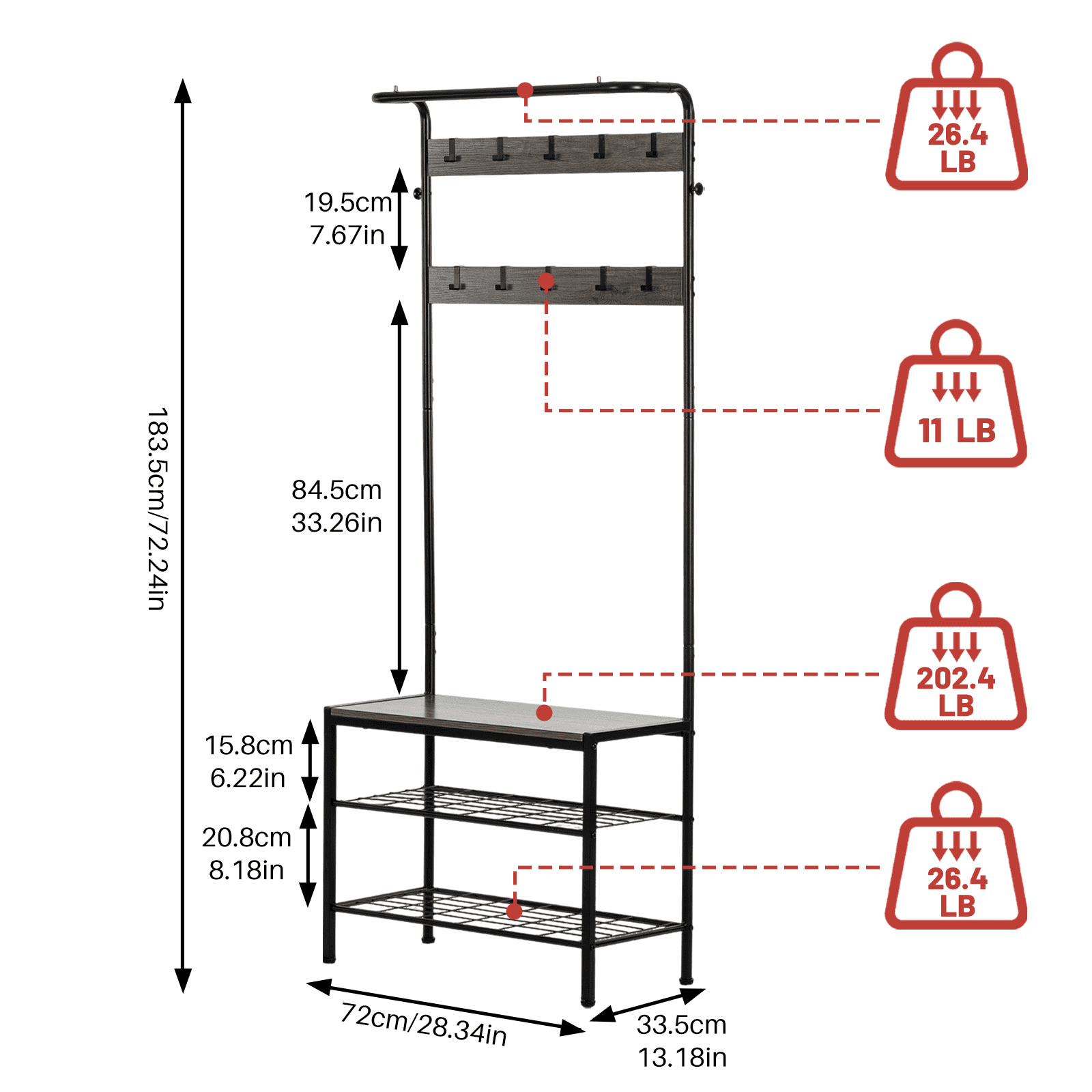 ZIVACATE Coat Rack, Hall Tree with Shoe Storage Bench, Entryway Bench with Shoe Storage, 4-in-1, Steel Frame, for Entryway, 28.35 x 13.27 x 72.05 in,Grey