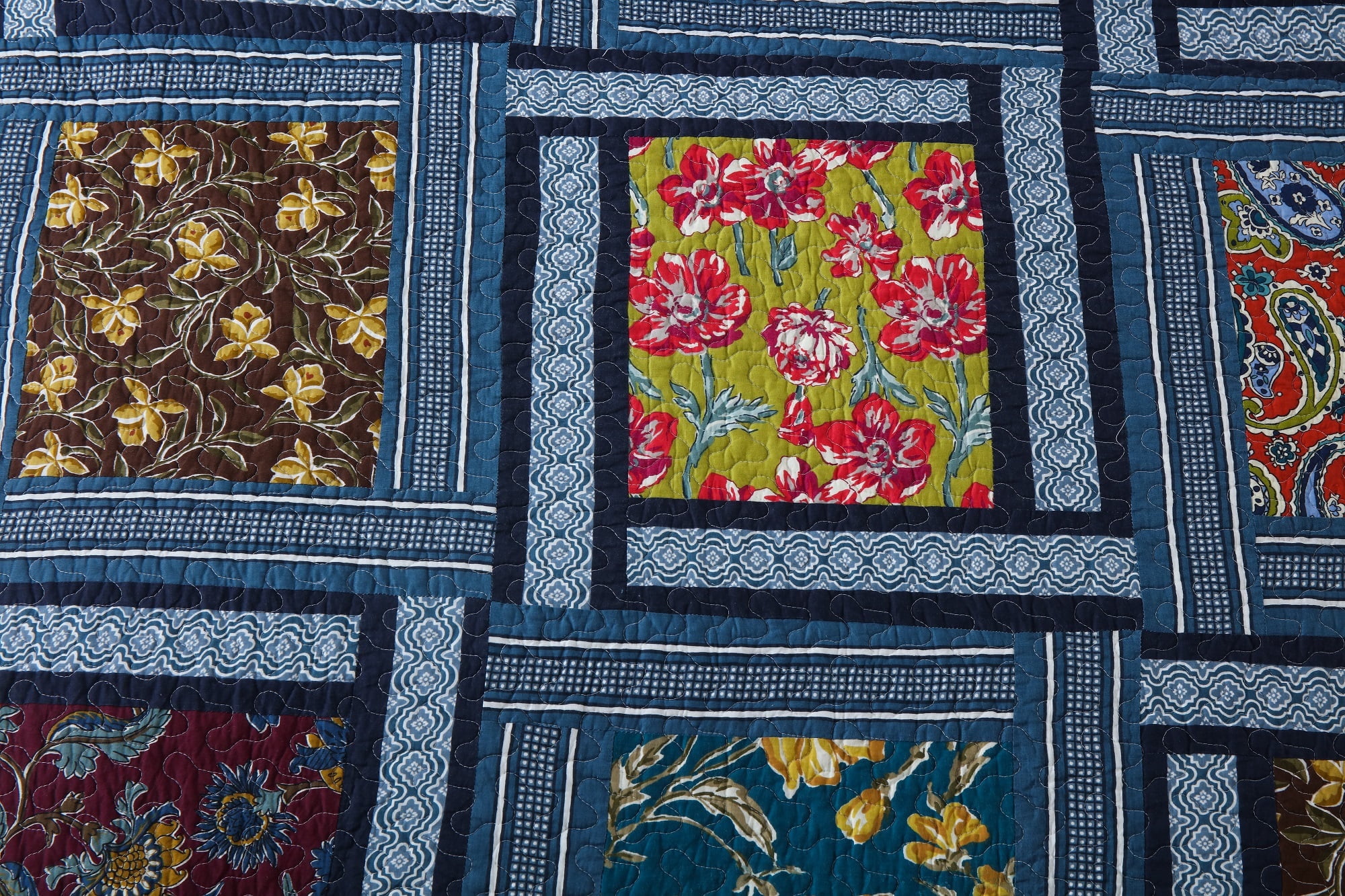 WannaToo Cotton Bedspread Quilt Set for All Season, Navy Blue Patchwork, Queen