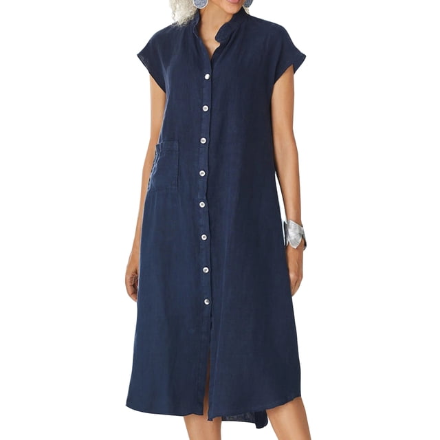 LUXUR Robes Maxi pour Femmes Boutonnées Robe d'Été de Plage Col en V Longue Robe Décontractée Manches Courtes Bleu Foncé S