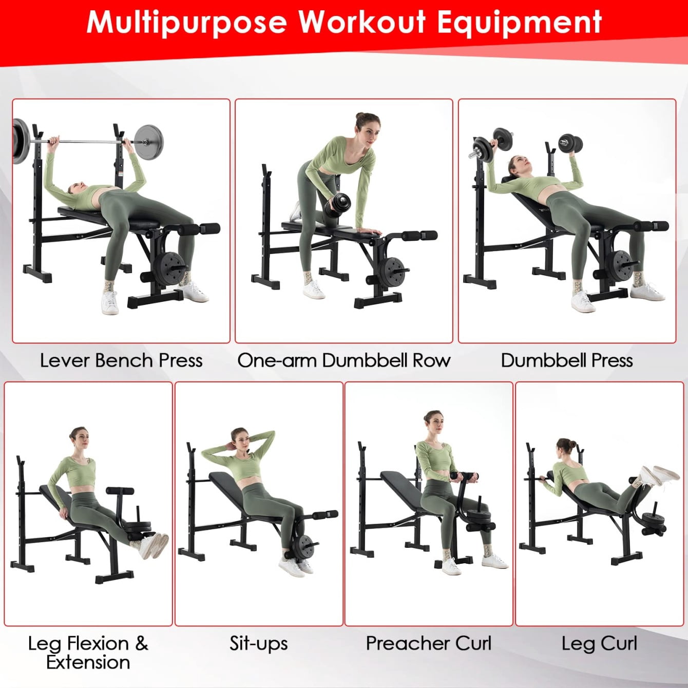 Triple Tree Adjustable Weight Bench Set with Squat Steel Rack, Black, 42.55 lb
