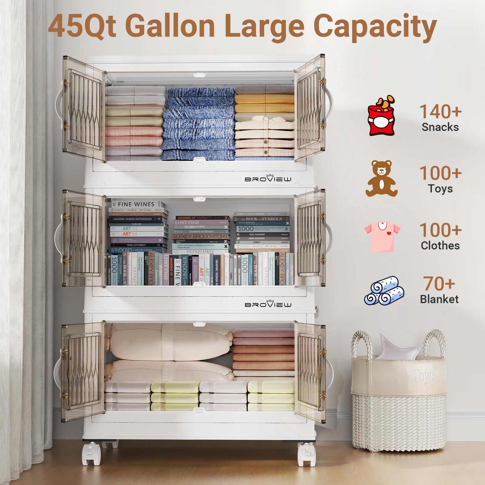 BROVIEW 120Qt Stackable Storage Bins with Lid, Plastic Closet Organizers and Storage Drawer, Collapsible Storage Box with Wheels, Folding Storage Cabinet for Closet Clothes Organization, 3Pack White