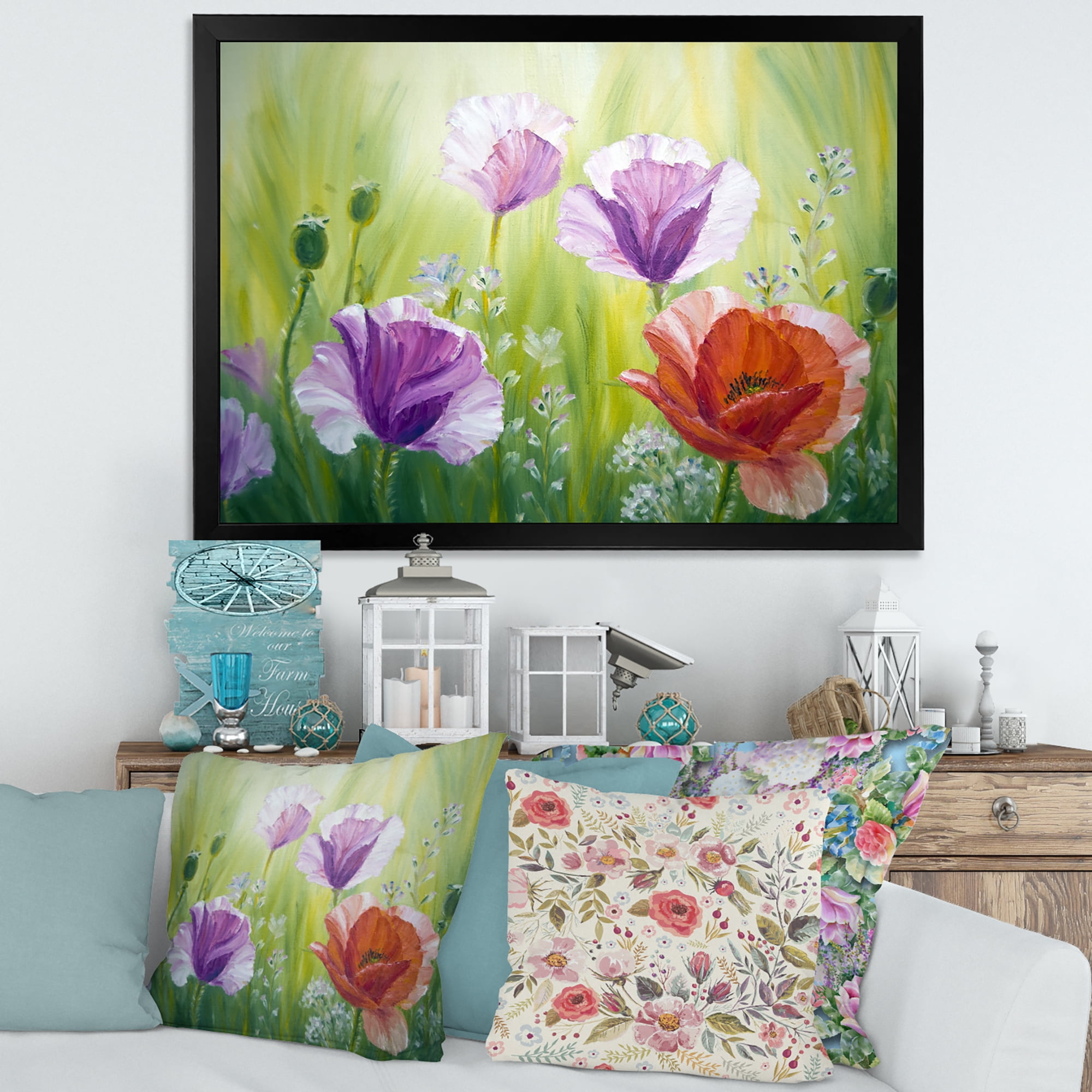Designart 'Blossoming Red and Purple Poppies In The Morning II' Traditional Framed Art Print