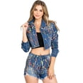 thumbnail image 1 of Purple Candy Unique Neon Paint Drip Cropped Denim Festival Jean Jacket (M, Medium Blue), 1 of 4