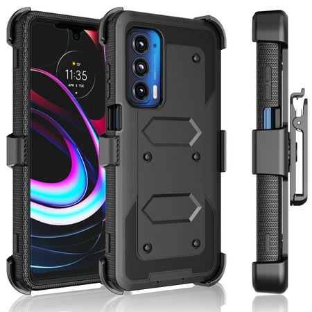 Tiflook Holster Clip Case For Moto Edge 5G UW / Motorola Moto Edge 2021 [Tshell] [Built-in Screen] [Kickstand Locking Belt] Secure Swivel Black