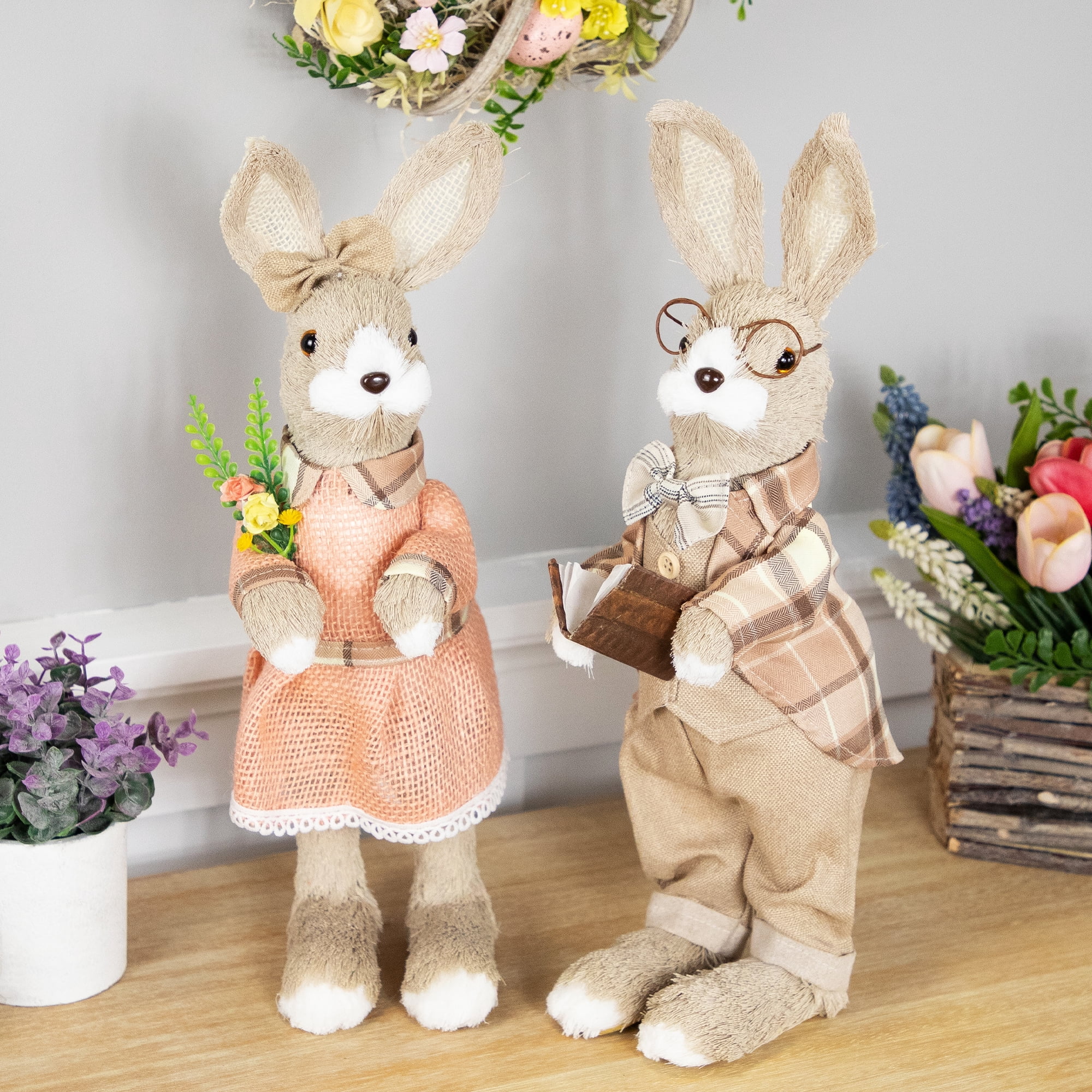 Northlight Rustic Girl Rabbit Easter Figure with Flowers - 15.25" - Beige