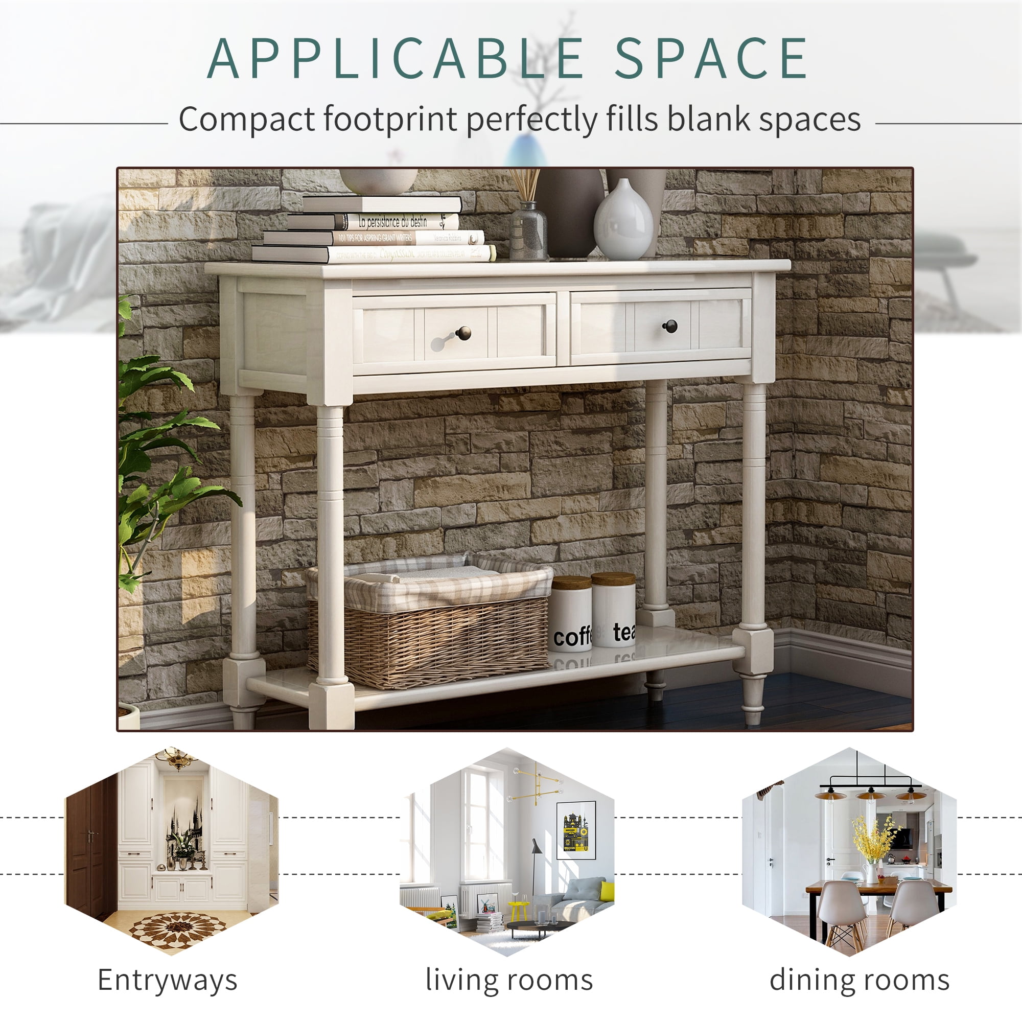 Vintage White 2 Drawer Storage Console Table, Entryway Table with Storage Shelves, Small Sofa Table for Living Room, Couch, Hallway, Foyer, Kitchen Counter