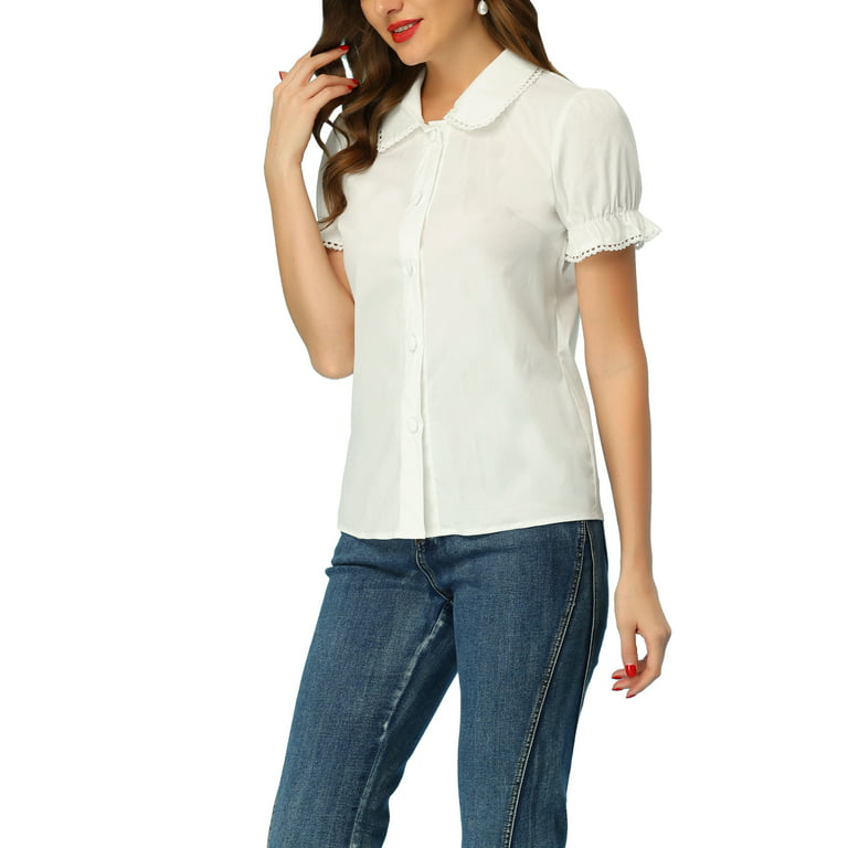Unique Bargains Women's Doll Collar Solid Short Sleeve Shirt