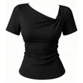 thumbnail image 5 of TGSLY Asymmetrical V Neck Tops for Women Slim Fit Twist Knot Ribbed Short Sleeve Blouses Dressy Casual Solid Color T-Shirts L, 5 of 6