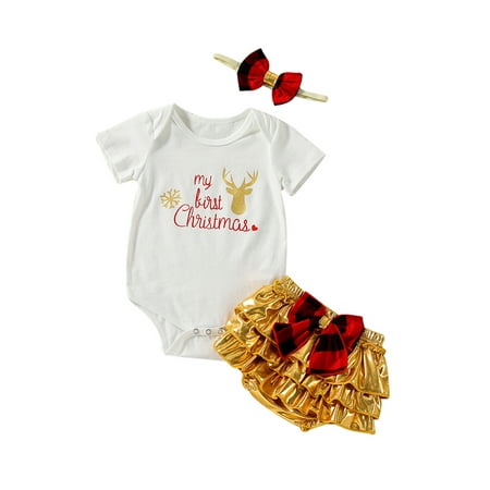 

Canrulo Christmas Kids Baby Girl Short Sleeve Letters Romper Tops Ruffle Pants Headband Outfits Golden 12-18 Months