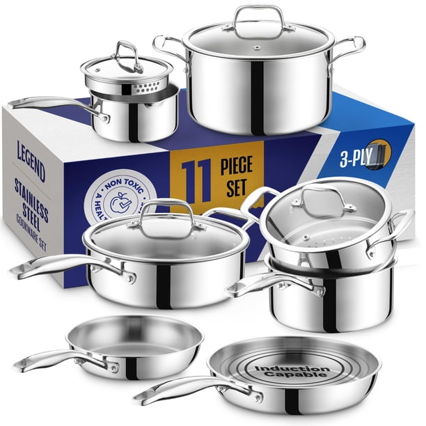 LEGEND COOKWARE Juego de ollas y sartenes de acero inoxidable de 3 capas | 11 piezas con tapas de vidrio, no tóxico, inducción, apto para horno | Mejor cocina totalmente revestida 18/8, cocina premium