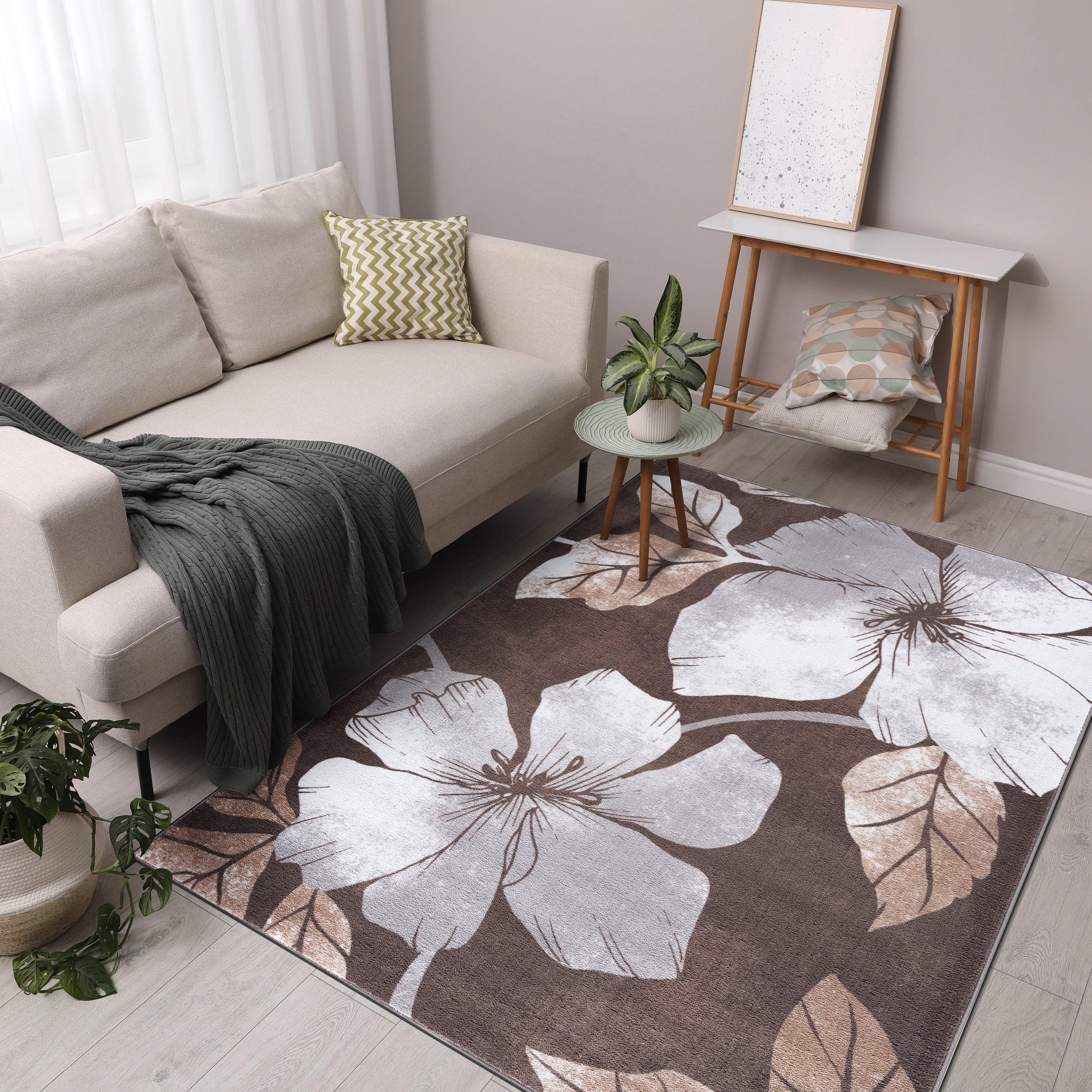 CAMILSON Solana Non Slip Modern Floral Indoor Area Rug Grey/Brown 6x9