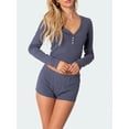 thumbnail image 3 of Biezeib Women Pajamas Set 2 Pieces Loungewear Suits Solid Color Ribbed V-Neck Long Sleeve Crop Tops and Shorts Sleepwear Outfits, 3 of 6