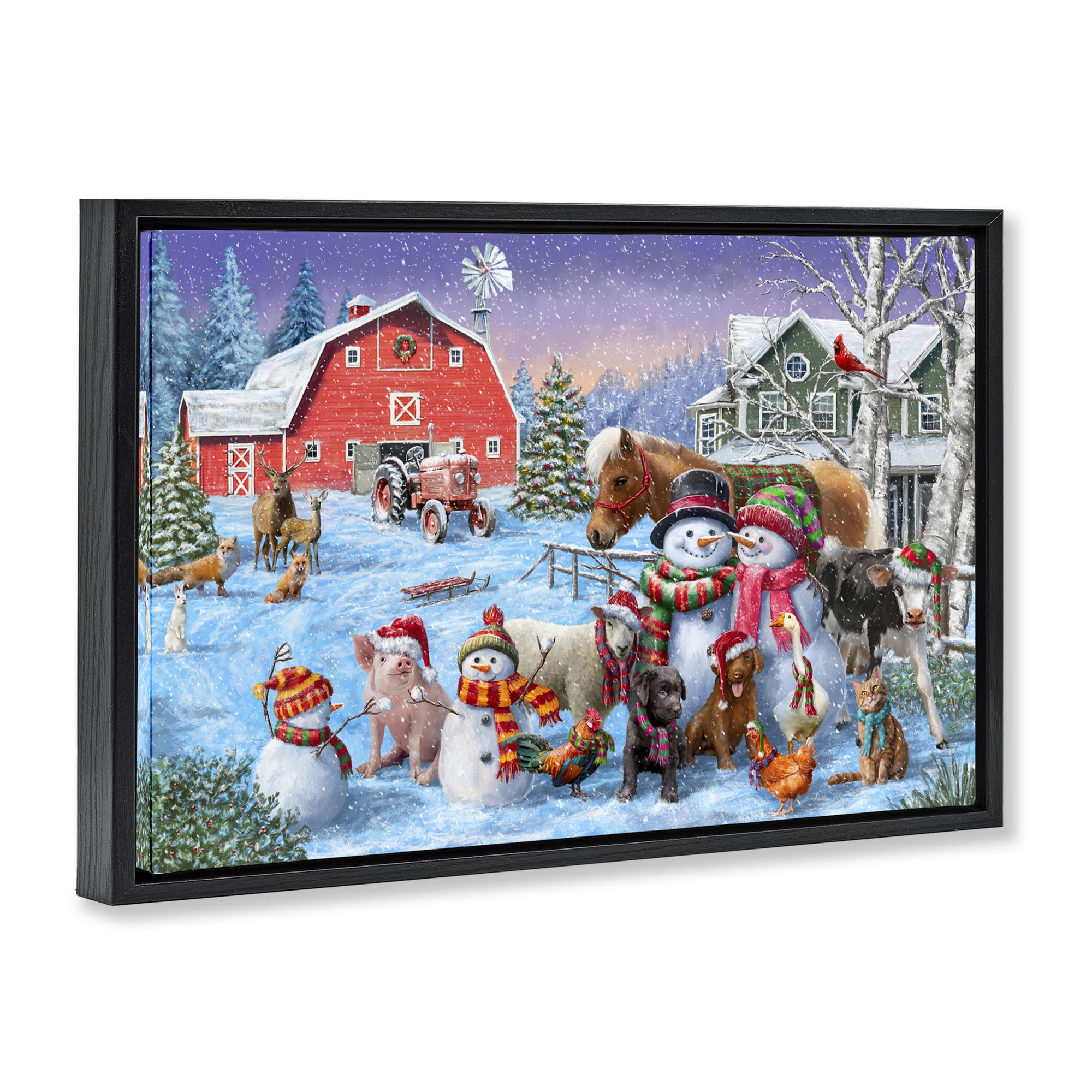 Stupell Industries Snowman & Dogs Family Holiday Painting Black Floater Framed Canvas Art Prints Wall Art, 31 x 21