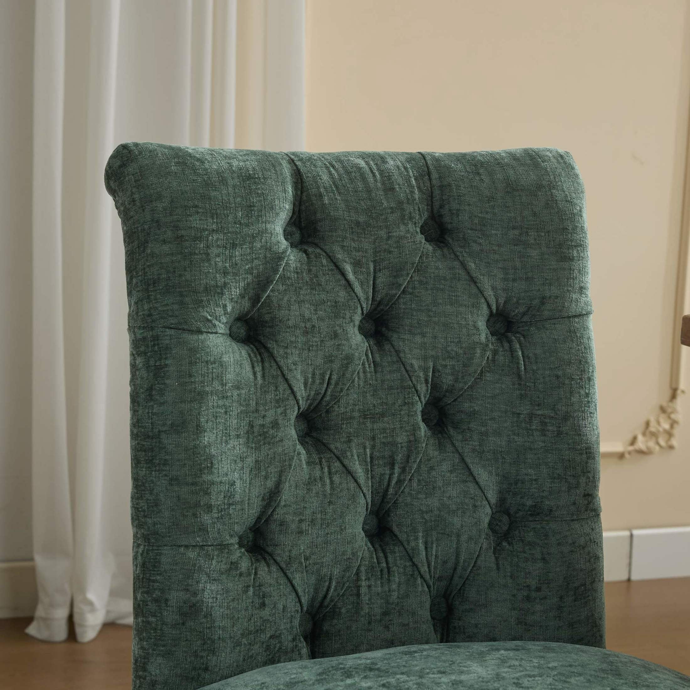 Noble House Set of 2 Tufted Chenille Upholstered Dining Chairs, Curved Solid Wood Legs, Olive Green