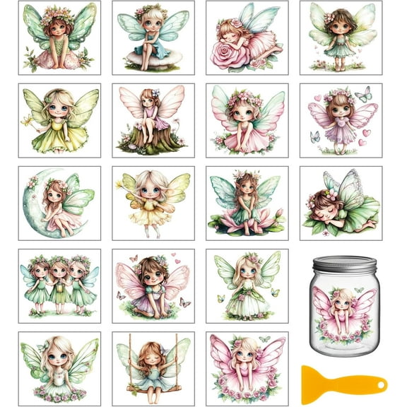 18 Sheets Cartoon Fairy Transfer Stickers 3.9x3.6inch Cute Lady Colorful Transfer Decal Rub on Transfer for Furniture Vase Glass Art Crafts Decorations