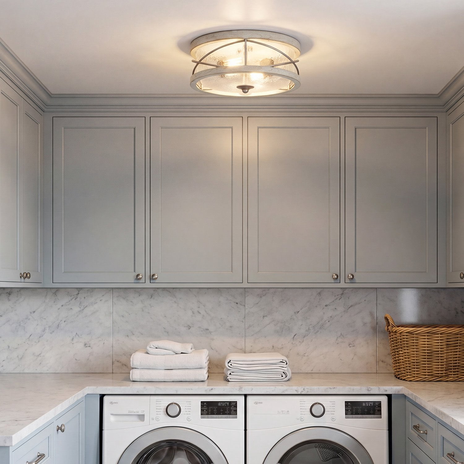 Kira Home Blaylock 13" Farmhouse Flush Mount Ceiling Light, Hammered Glass Shade, Wood Grain Metal, White Ash Wood