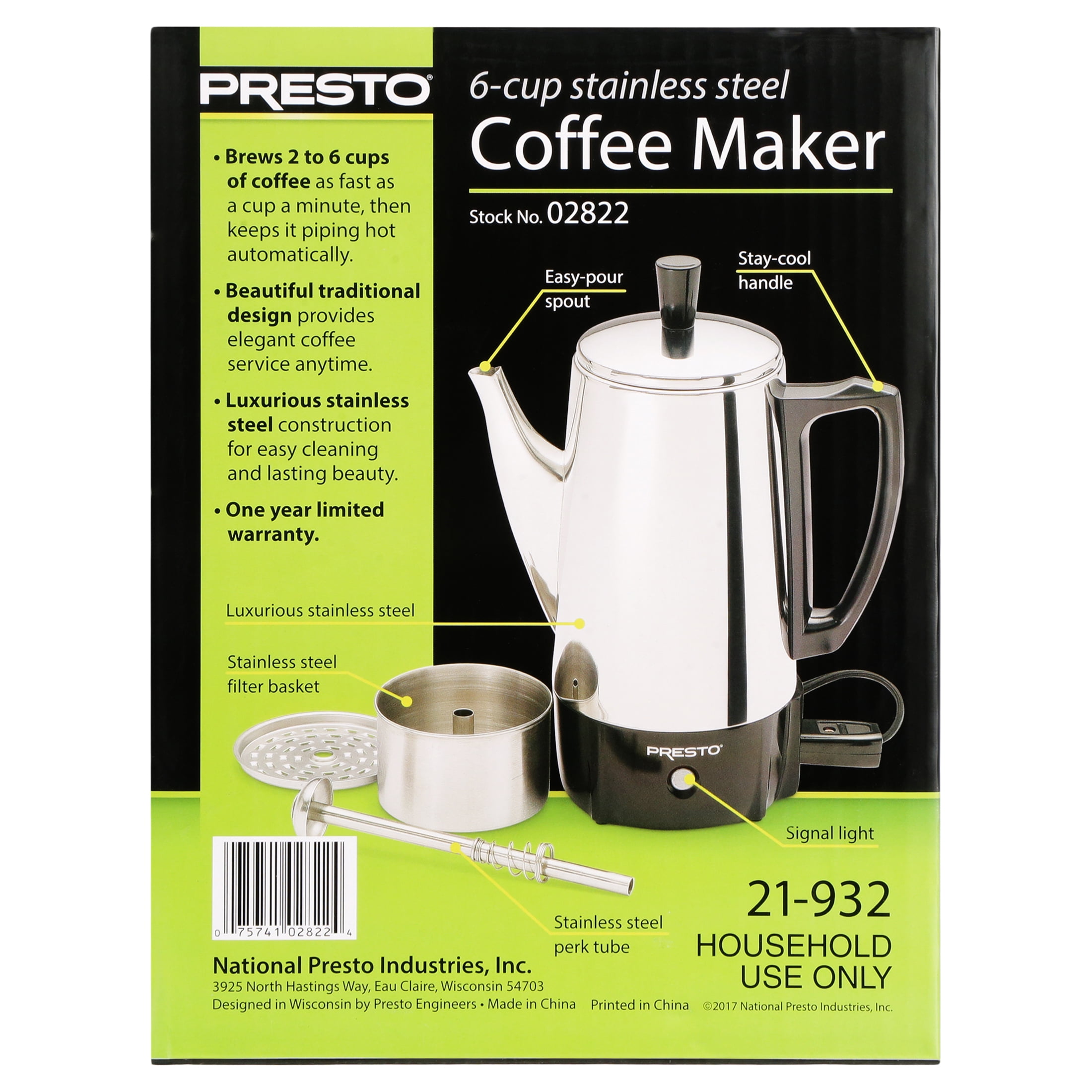 Presto 02811 Electric Coffee Maker 2 to 12 Cups Capacity 800 W Stainless  Steel: Coffee Makers (075741028118-1)