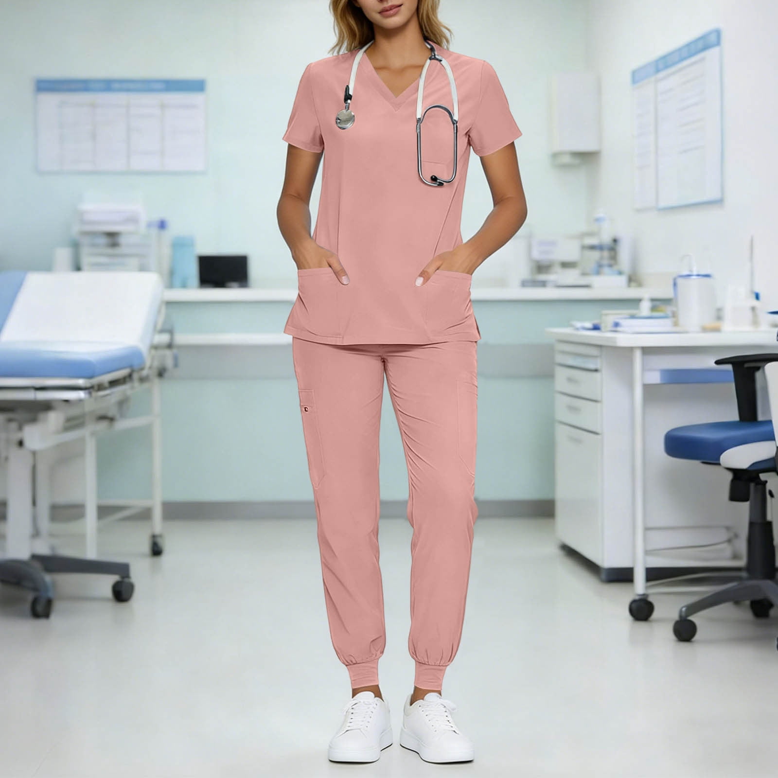 Scrubs for Women Set V-Neck Scrub Top Stretch Jogger Pants Stretchy Scrub Set Womens Workwear Nursing Uniform