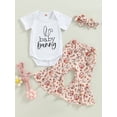 thumbnail image 2 of Faithtur Baby Girls Easter Outfit Sets Short Sleeve Letter Print Romper + Rabbit Egg Print Flared Pants + Headband, 2 of 8