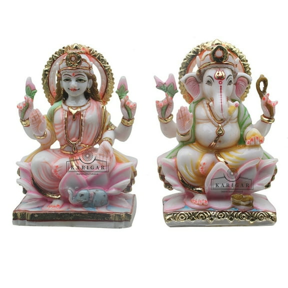 Lakshmi Ganesh Statue For Diwali Pooja Home Temple - Gold Work Laxmi Ganesha 6 inches Idol - Marble Hindu Religious Ganpati Laxmi Figurine - Gajanan Dhan Lakshmi Deity - Housewarming Gifts Sculpture