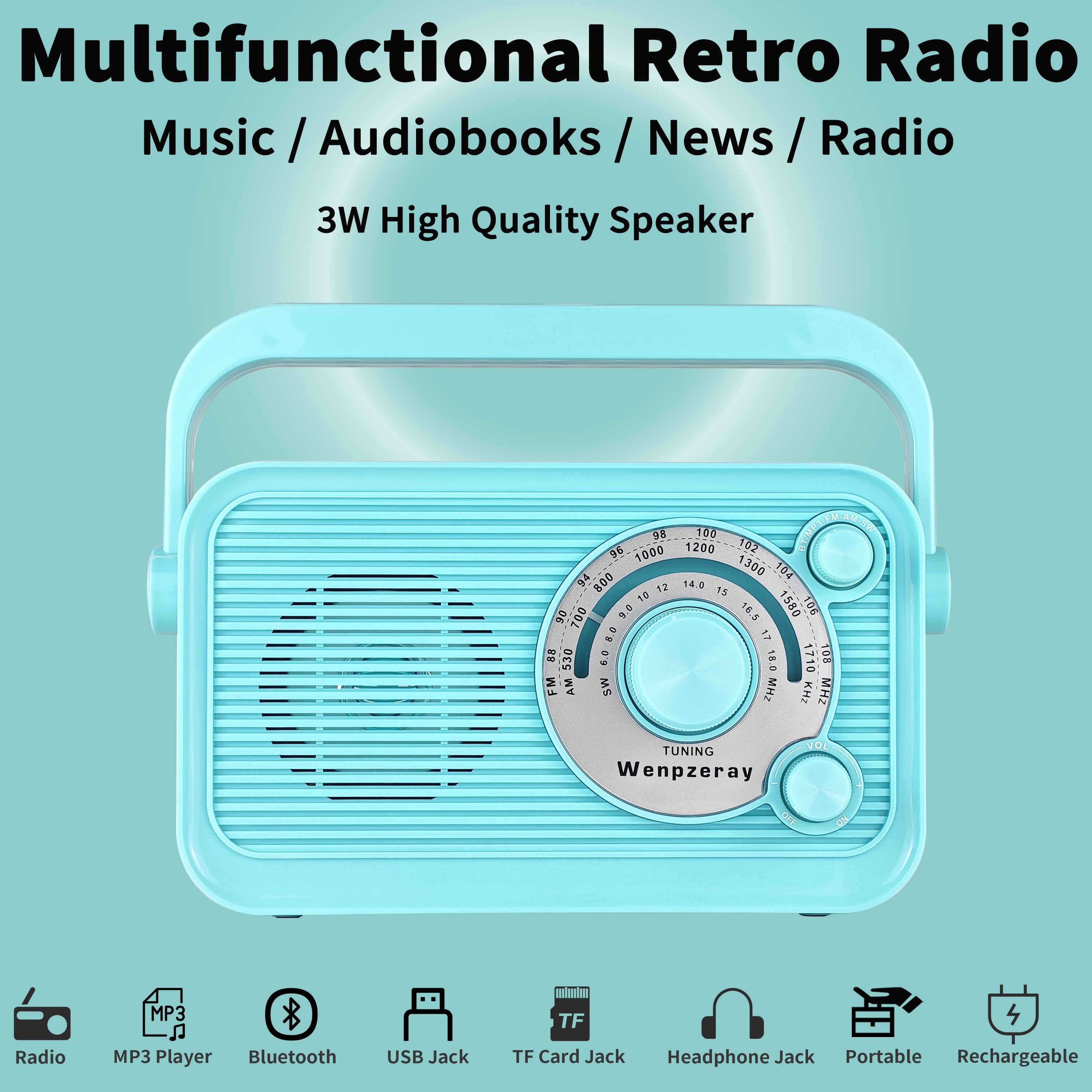 Camping Emergency AM FM Shortwave Radio, DSP Chip Bluetooth Speaker, Type-C Charging Retro Portable Radio Wenpzeray D218 (Blue)
