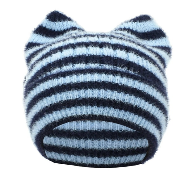 Gorro de lana con orejas de rayas y forma de pan al vapor para niños, gorro de invierno grueso con protección para las orejas, gorro de mujer