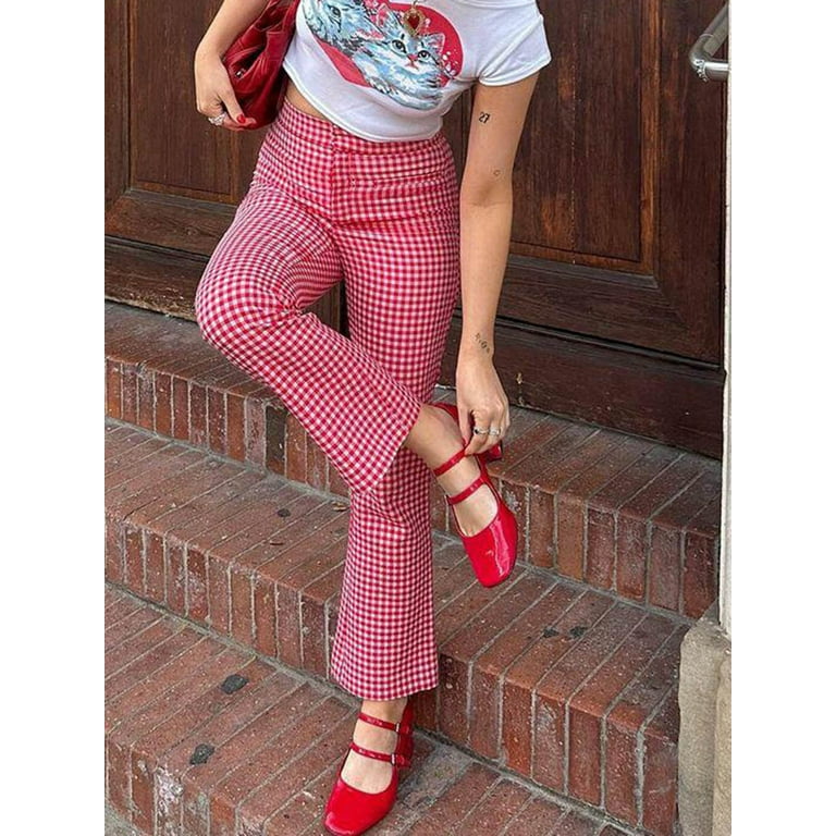 Elippeo Women Plaid Pants High Waist Trousers Spring Summer
