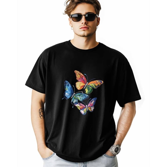Men's T-Shirt Butterfly Colorful Embroidery Style Short Sleeve Casual Tee Classic Crew Neck T-Shirt for Men, 2XL