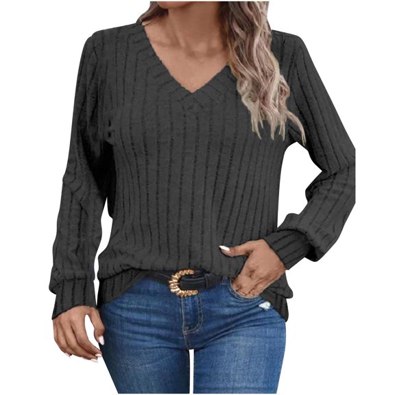 Sweaters for Women Long Sleeve V Neck Shirts Lightweight Casual Tunic Tops Elegants Clothes Black,XL