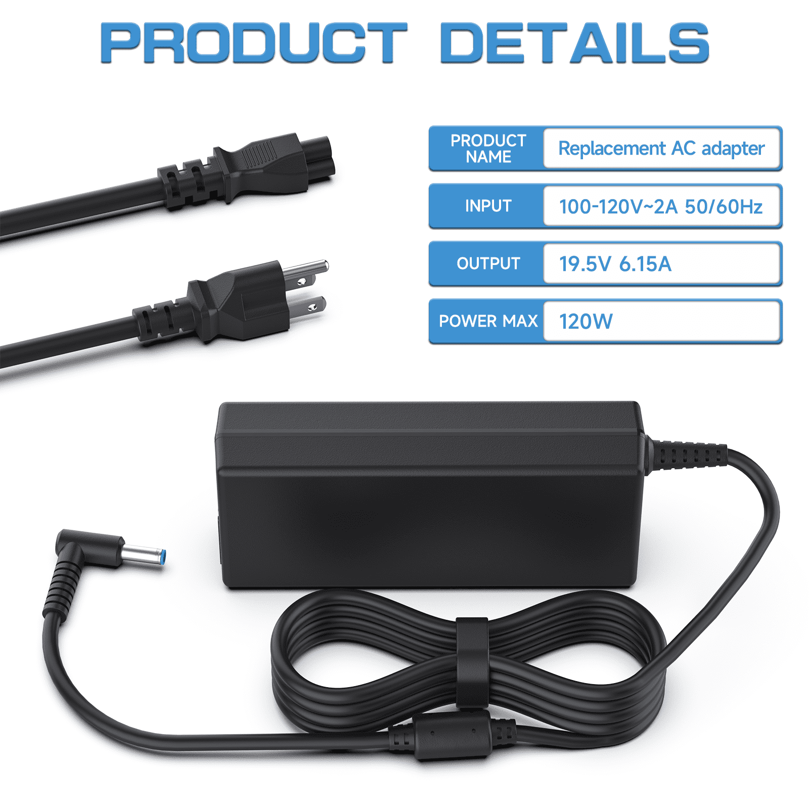 HP 120W Power Adapter 19.5V 6.15A AC Adapter for HP USB-C Dock G5 5TW10AA, 5TW10UT, 5TW10AA#ABB, 5TW10UT#ABA; USB-C/A Universal Dock G2 5TW13AA; Envy 15 17 Series; Omen 15-5000 5100 Power Supply Cord