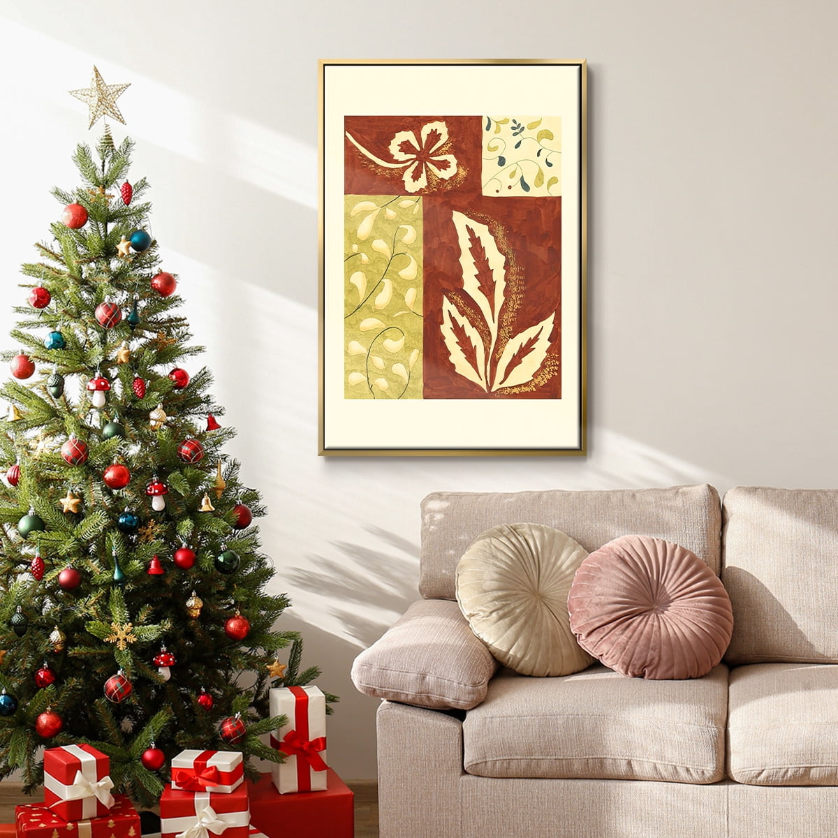Festive Floral I - Framed Gallery Wrapped Holiday Canvas - 27 x 41 - Gold Frame
