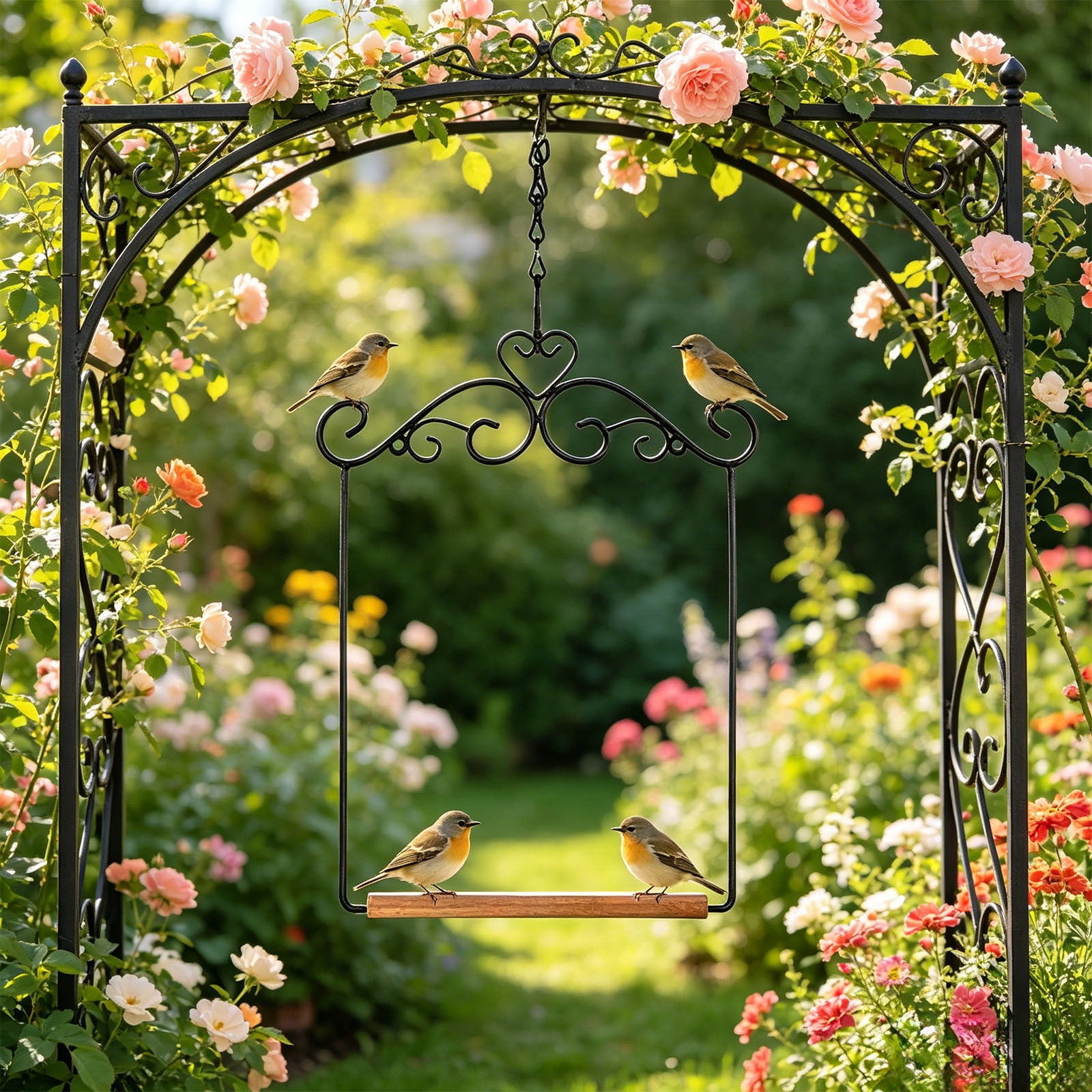 Pathside Hummingbird Swing, Metal Hummingbird Swings and Perches with Hanging Chain and Wooden Dowel, Bird Perch for Outdoor Garden, Patio and Yard