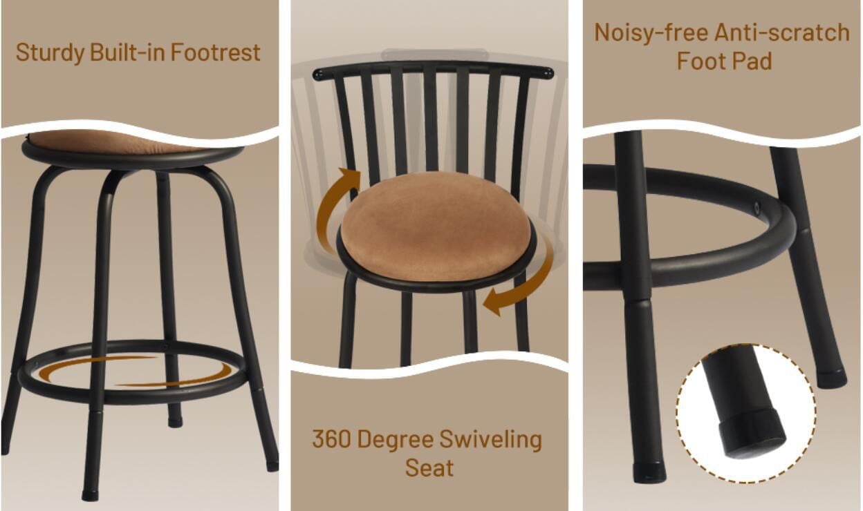 Homylin Barstool Set of 3, Industrial Style, Height Adjustable Swivel Counter Chairs Set with Upholstered Backrests.