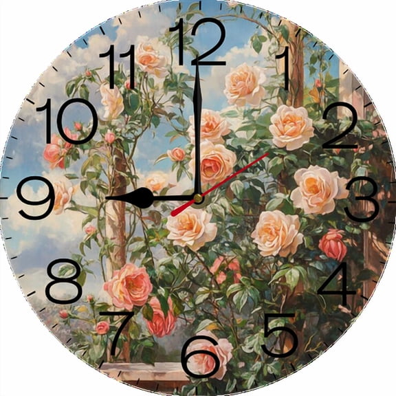 Eveokoki Wall Clocks Energetic Roses In Full Sprout 10 Inch Silent Non Ticking Battery Operated Clock Vintage Round Wood Clock for Living Room Bedroom Bathroom Decor