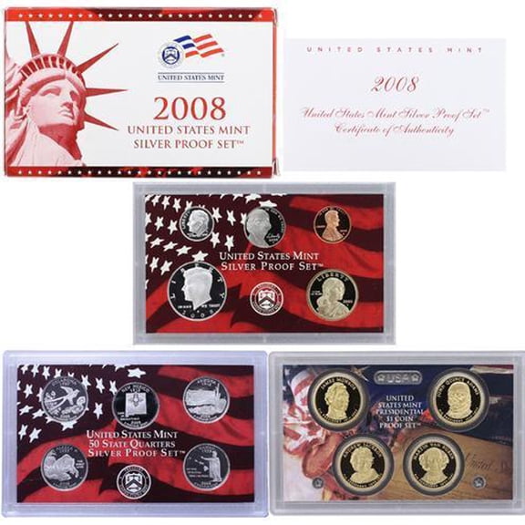 2008 Silver Proof Set - U.S. Mint 14-Coin Set - Includes Presidential Dollars & Silver Quarters