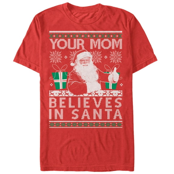 Men's Lost Gods Christmas Your Mom Believes in Santa  Graphic Tee Red Small