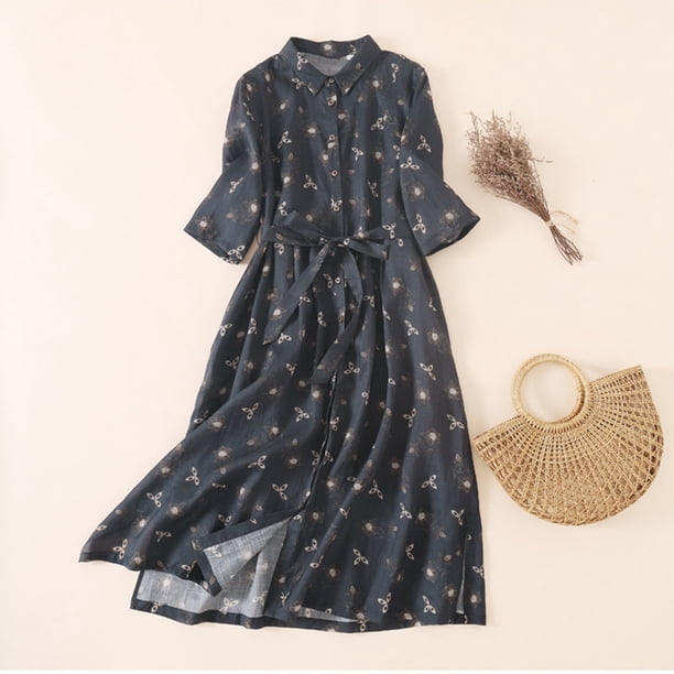 Puntoco Vestido De Manga Corta Con Cuello En V, Camisa Floral Para Mujer, Vestido Con Cinturón Y Botones De Manga Media, Negro 3Xl
