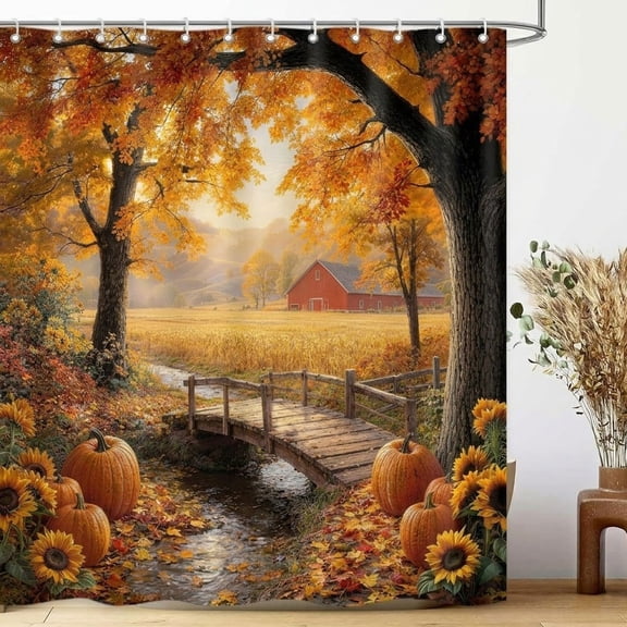 72x72in Fall Farmhouse Red Barn Pumpkin Shower Curtain for Bathroom